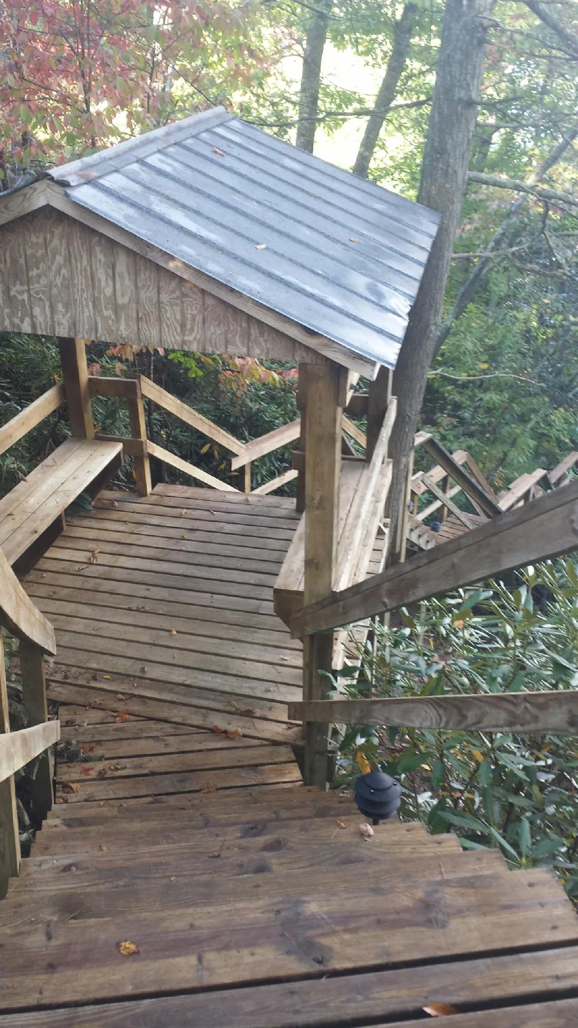 Metal roofed shelter over wooden steps on a wooded walkway — Skylight Repair & Installation work by our crew in West College Corner